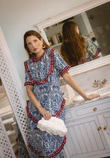 Vestido volantes cuadros granate