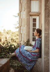 Vestido volantes cuadros granate