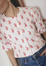 Camisa manga abullonada plumas rosa