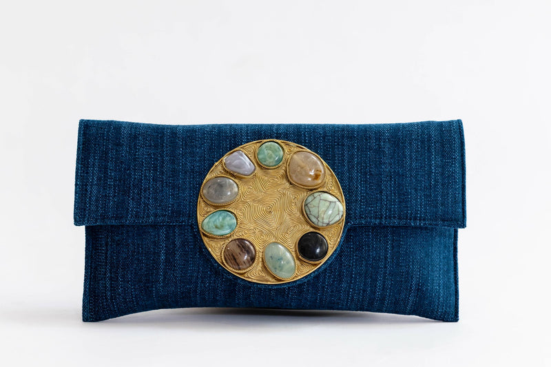 Bolso yute círculo piedras azul