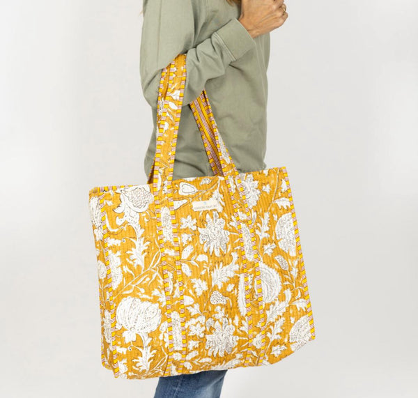Bolso Tote Bag Amarillo Flores Blancas