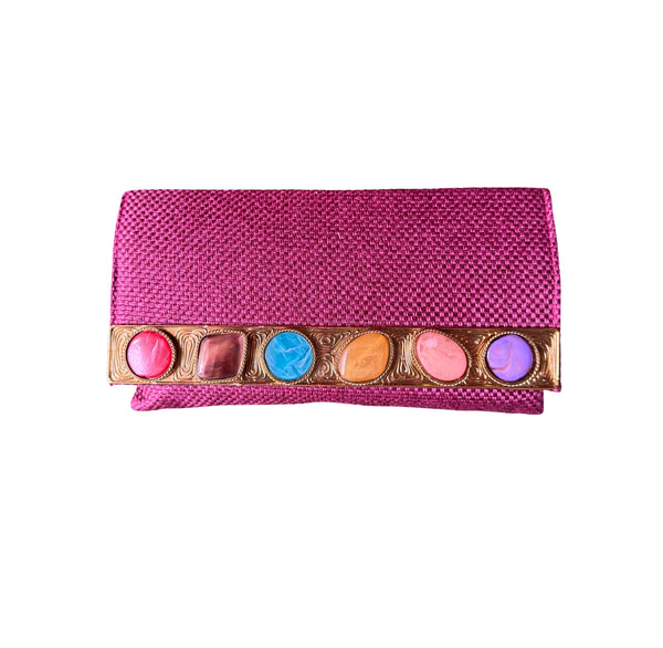 Bolso yute pedrería solapa frambuesa
