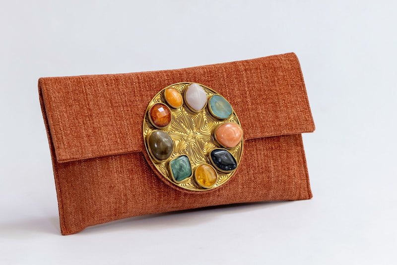 Bolso yute círculo piedras coral