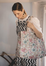 Bolso Tote Bag Palmeras Azules y Flores Rosas