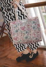 Bolso Tote Bag Palmeras Azules y Flores Rosas