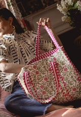 Bolso Tote Bag Verde Flores Rosas