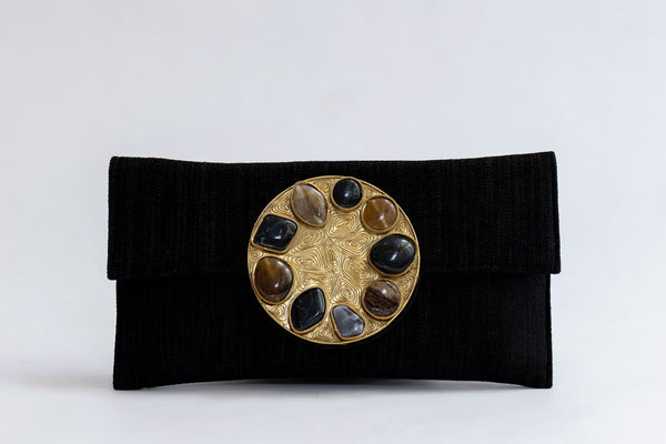 Bolso yute círculo piedras negro