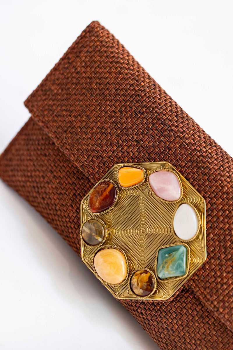 Bolso yute círculo piedras marrón