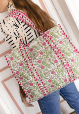 Bolso Tote Bag Verde Flores Rosas
