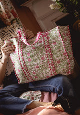 Bolso Tote Bag Verde Flores Rosas
