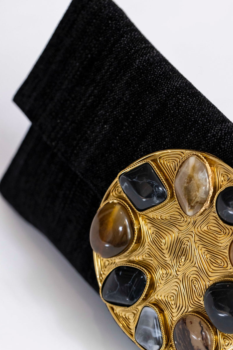 Bolso yute círculo piedras negro