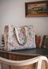 Bolso Tote Bag Palmeras Azules y Flores Rosas