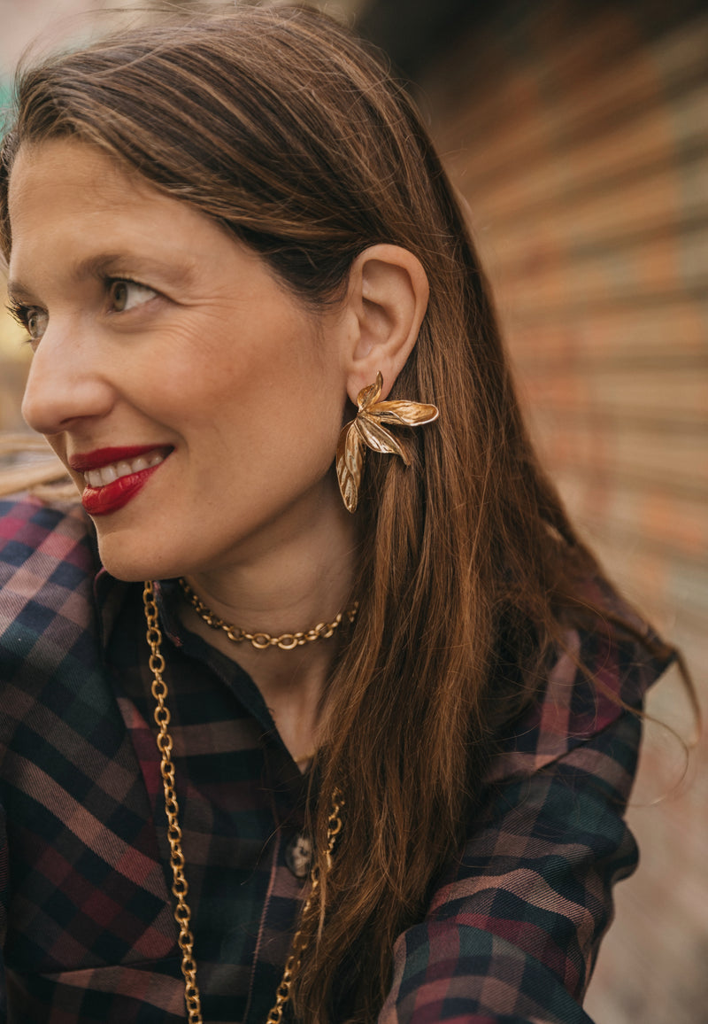 Pendientes hoja ramillete dorado