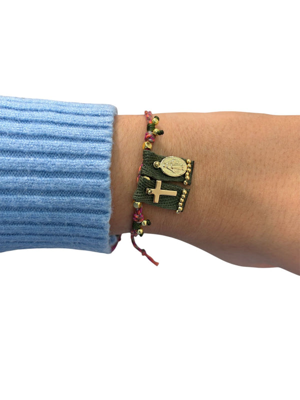 Pulsera Tela Cruz y Virgen verde