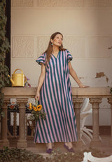 Vestido mangas cortas rayas lila petróleo
