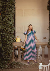 Vestido mangas cortas rayas lila petróleo