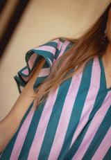 Vestido mangas cortas rayas lila petróleo
