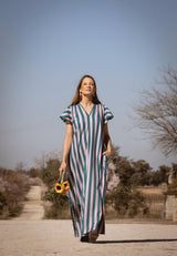 Vestido mangas cortas rayas lila petróleo