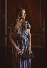 Vestido mangas cortas rayas lila petróleo