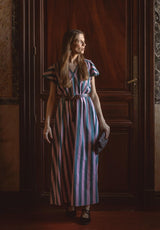 Vestido mangas cortas rayas lila petróleo